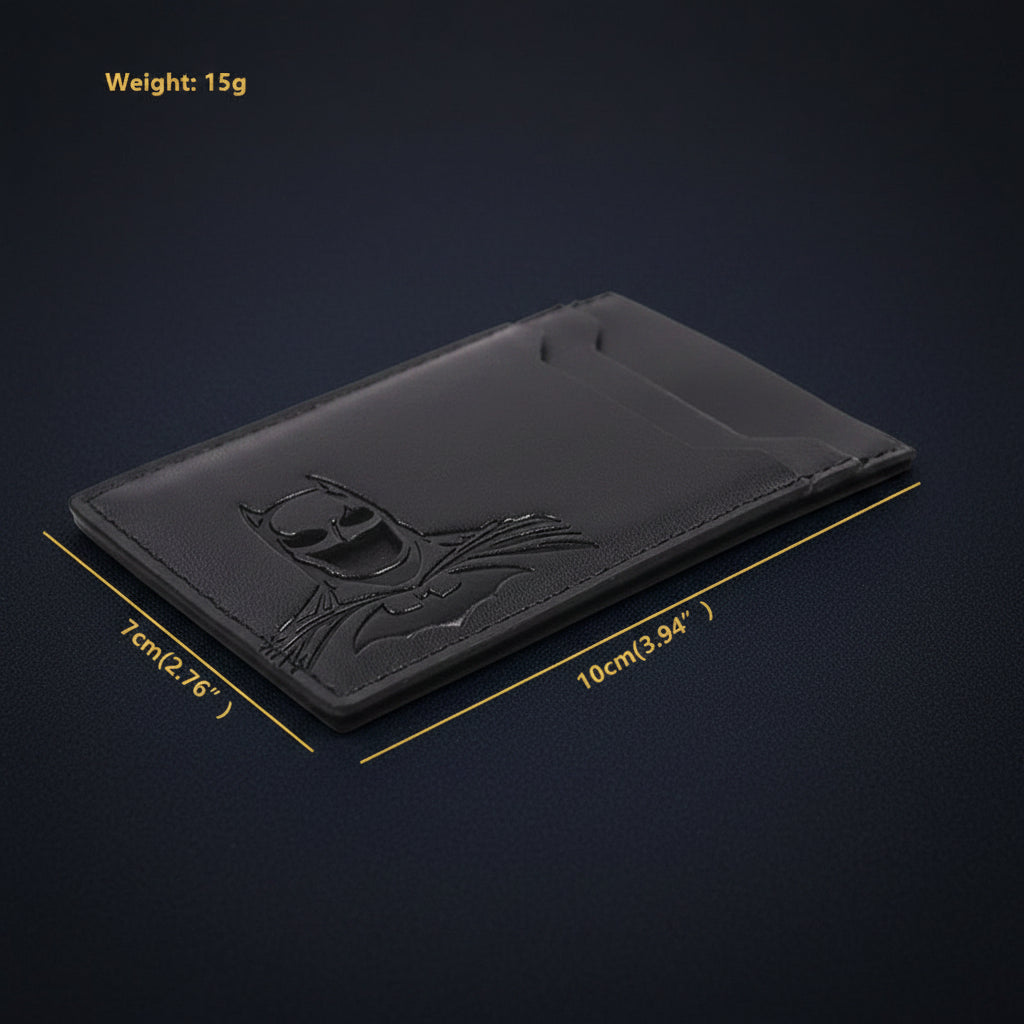 Black wallet with Batman logo and measurements on a white background