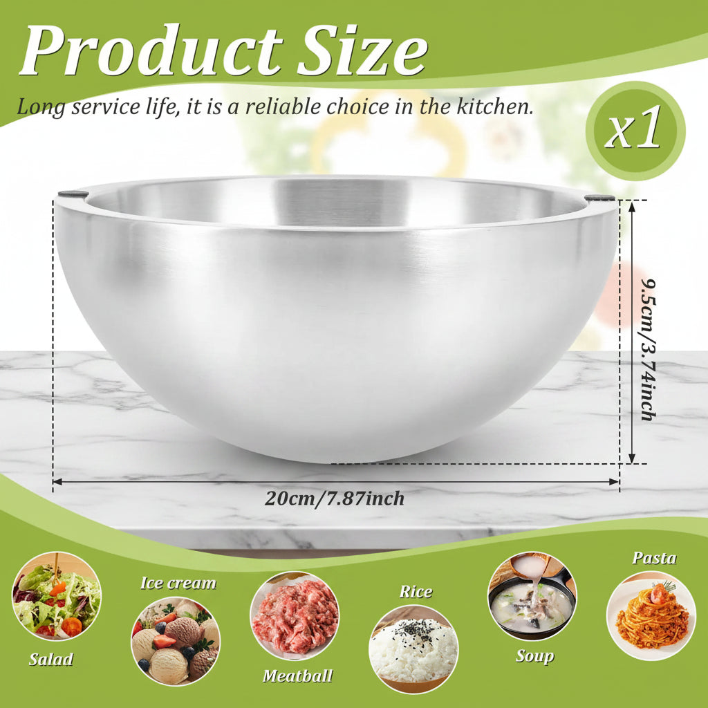Stainless steel mixing bowl with dimensions and food item examples on a green background