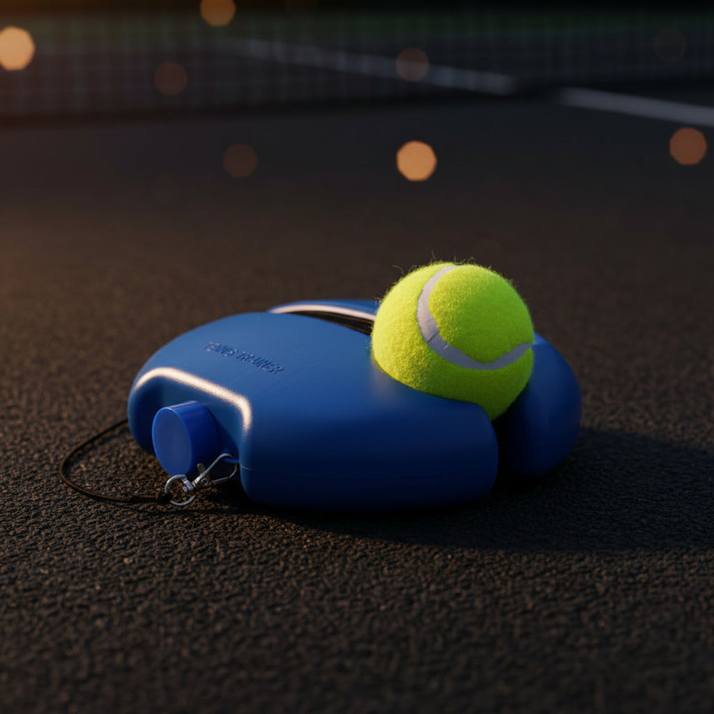 Blue tennis ball launcher with a yellow tennis ball on a white background