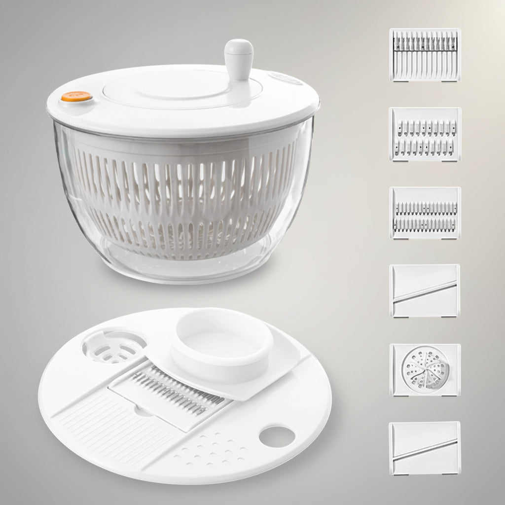 White kitchen salad spinner with detachable parts on a white background