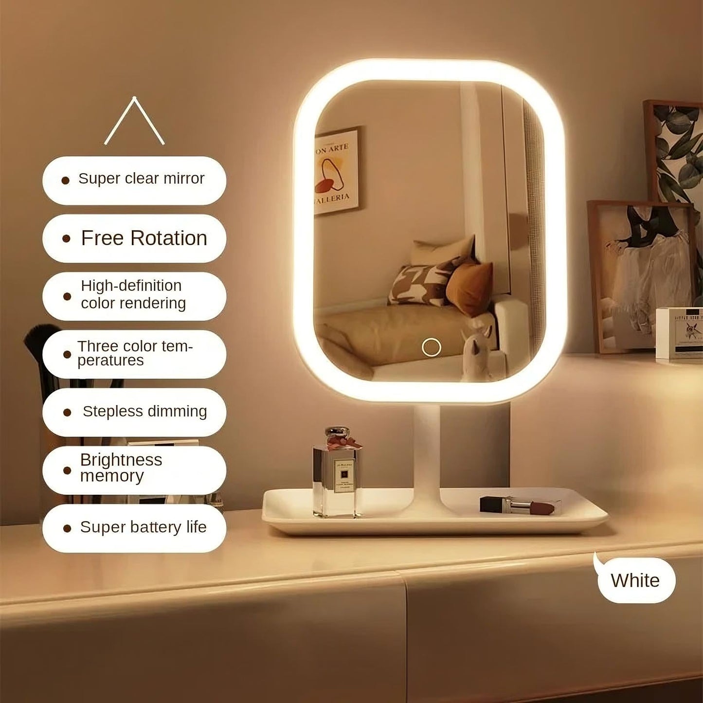 Lighted makeup mirror with LED lighting on a vanity table.