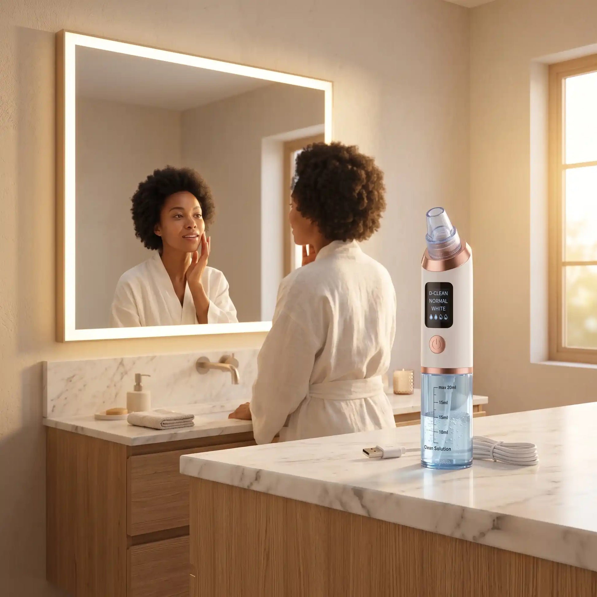 women looking at mirror and product on marble