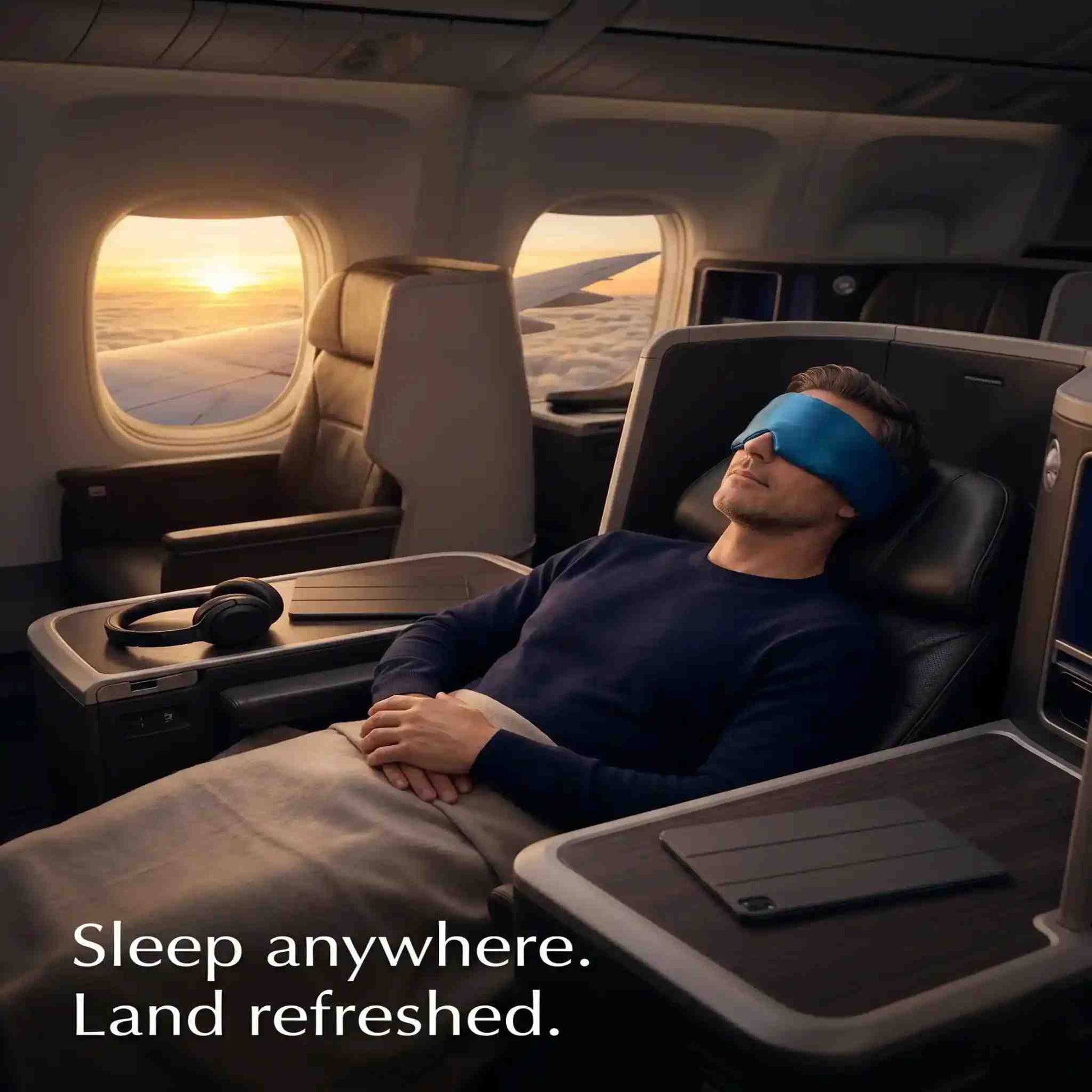 man sleeping with eye mask in aeroplane
