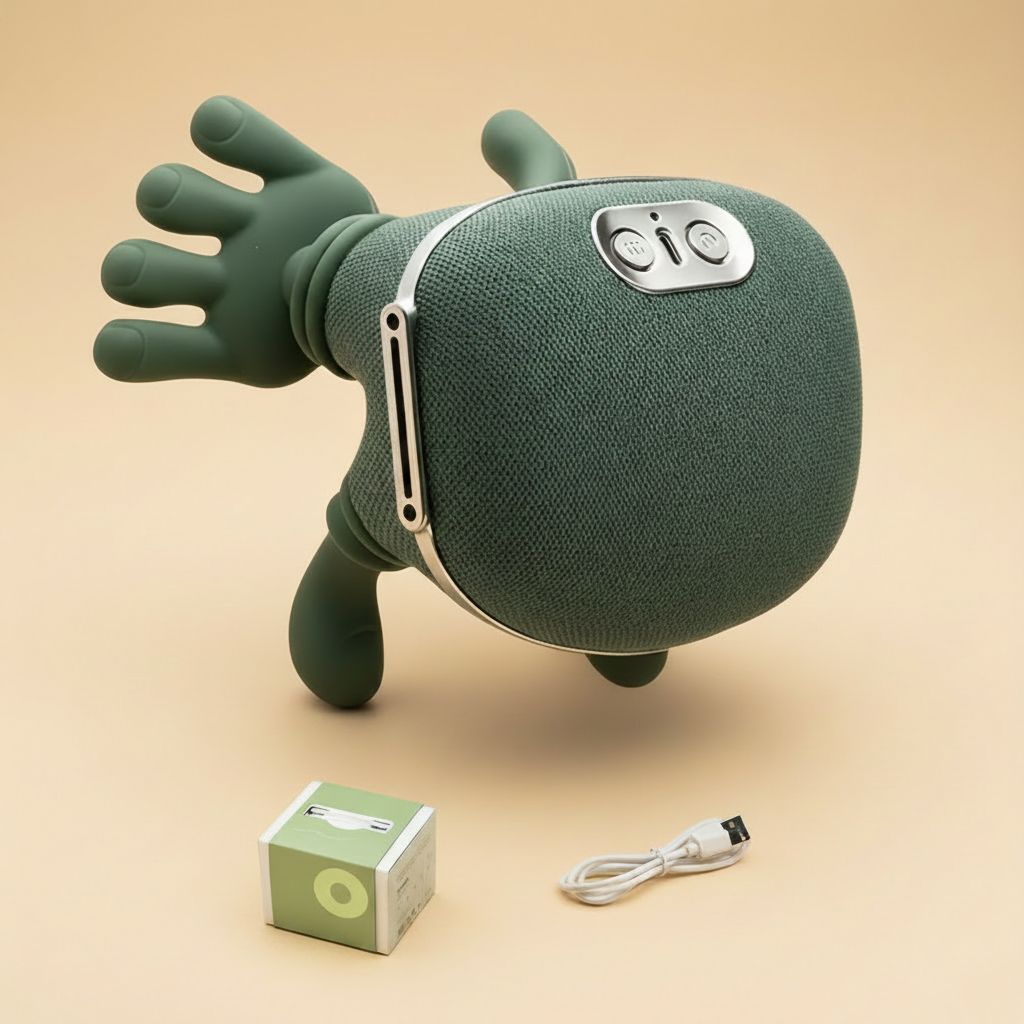 Green portable speaker with hand-like design, packaging, and USB cable on a white background