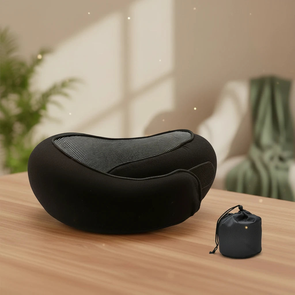 Black neck pillow on a wooden surface with a blurred indoor background