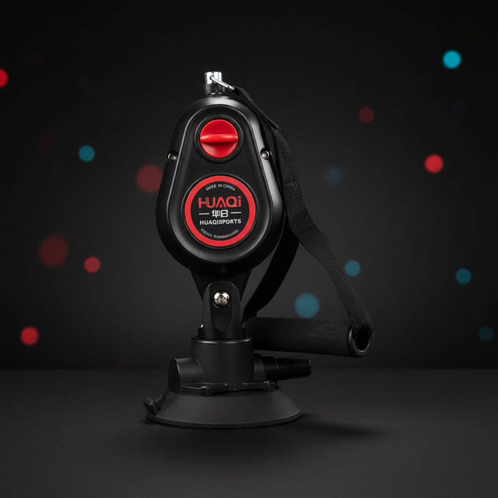 Black and red device with a suction cup on a white background