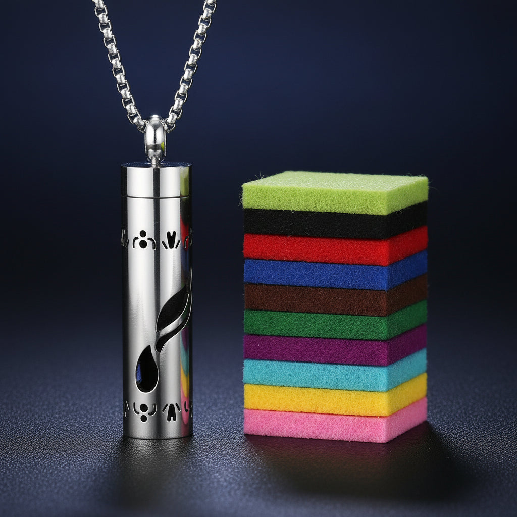 Silver cylindrical pendant with decorative elements on a white background, next to a rectangular block of colorful felt strips.