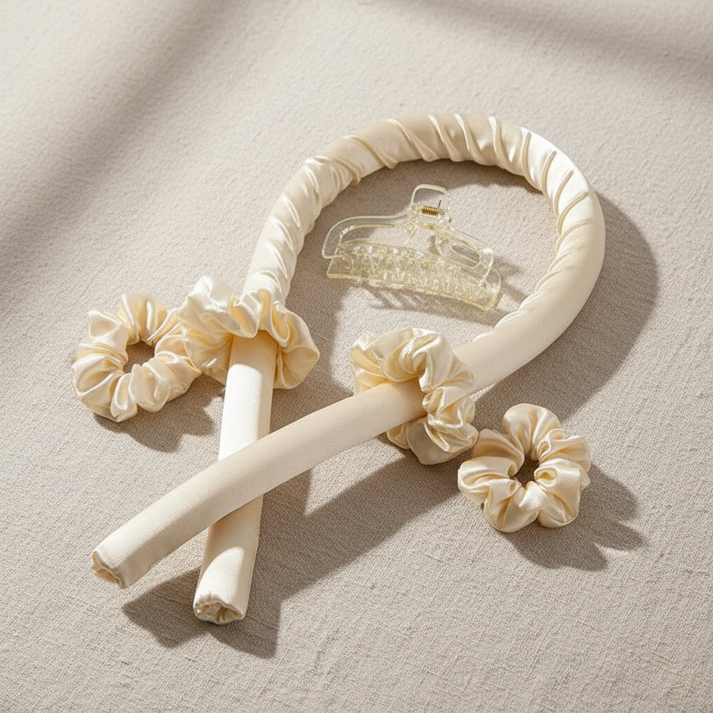 Cream-colored headband with decorative bows on a white background