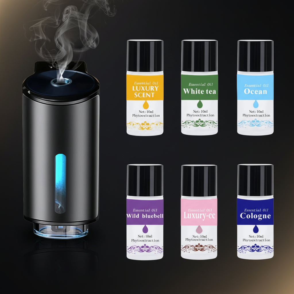 Black diffuser with six labeled essential oil bottles on a white background