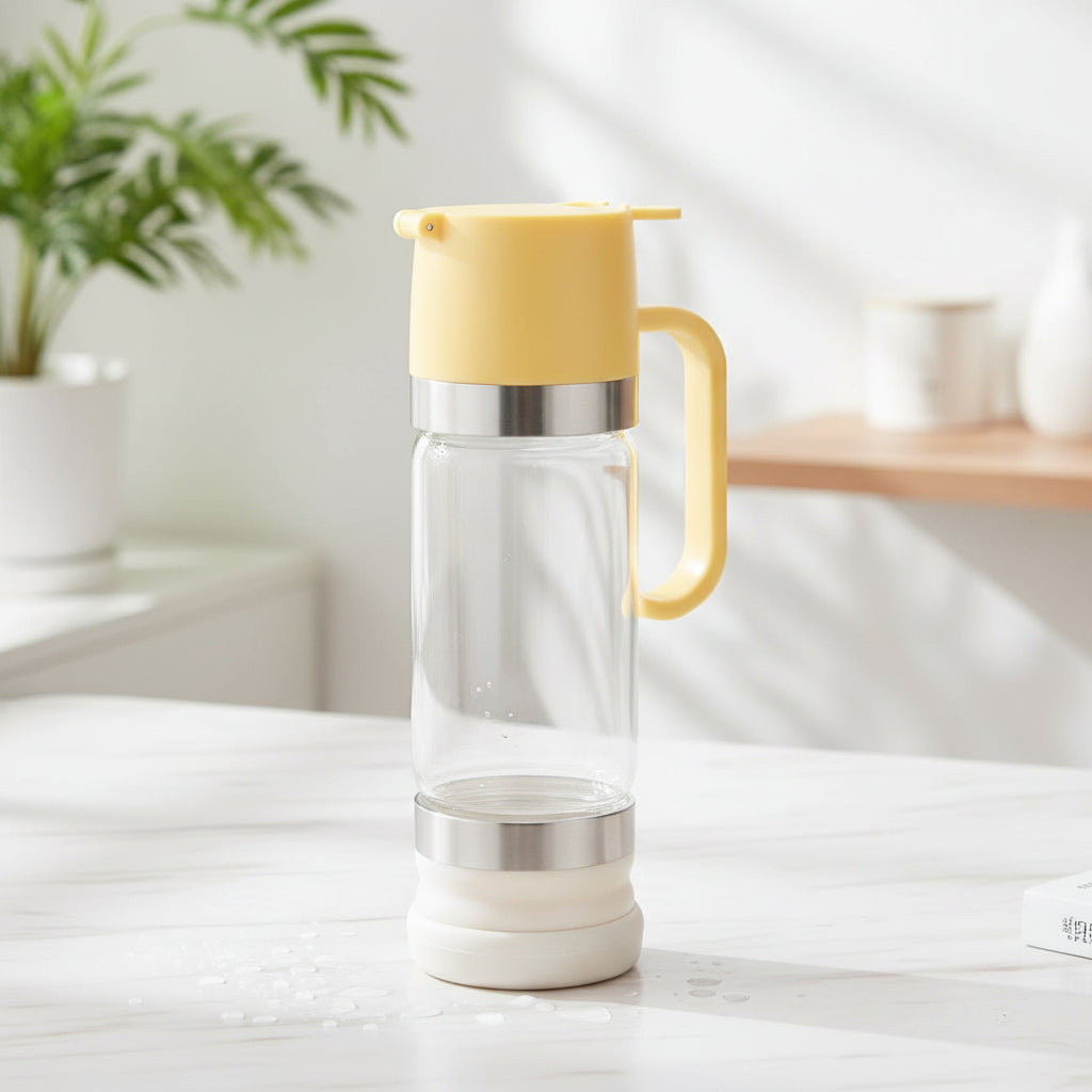 Clear glass bottle with yellow cap and handle on a white background