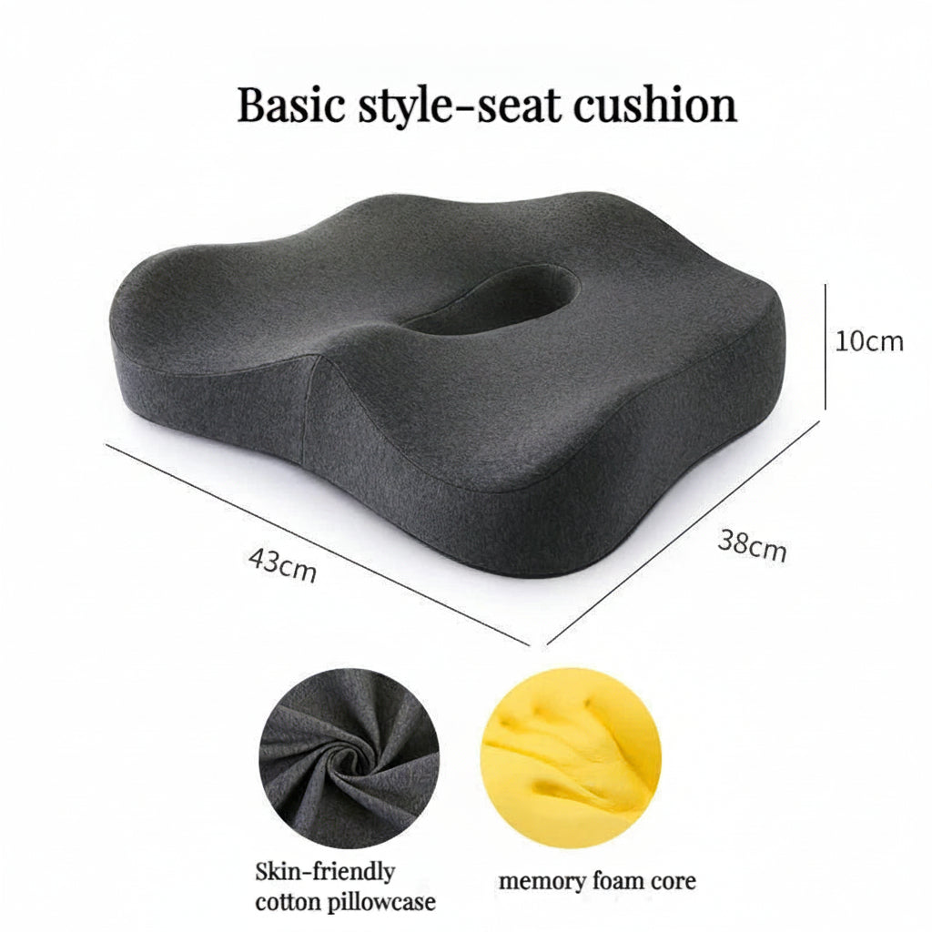 Black seat cushion with dimensions and material details on a white background