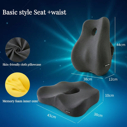 Black seat and waist cushion with measurements and details on a white background