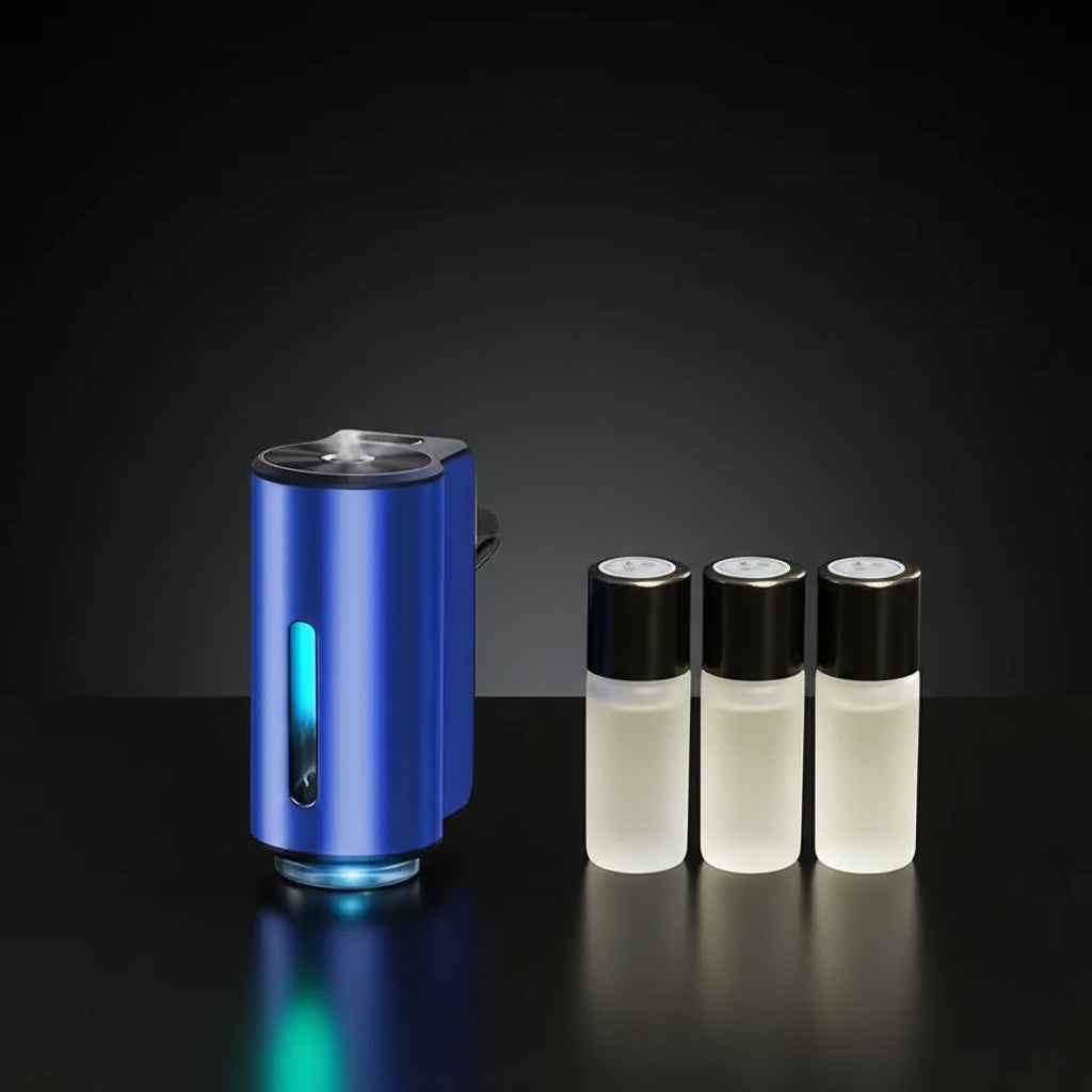 Blue humidifier with three white bottles on a white background