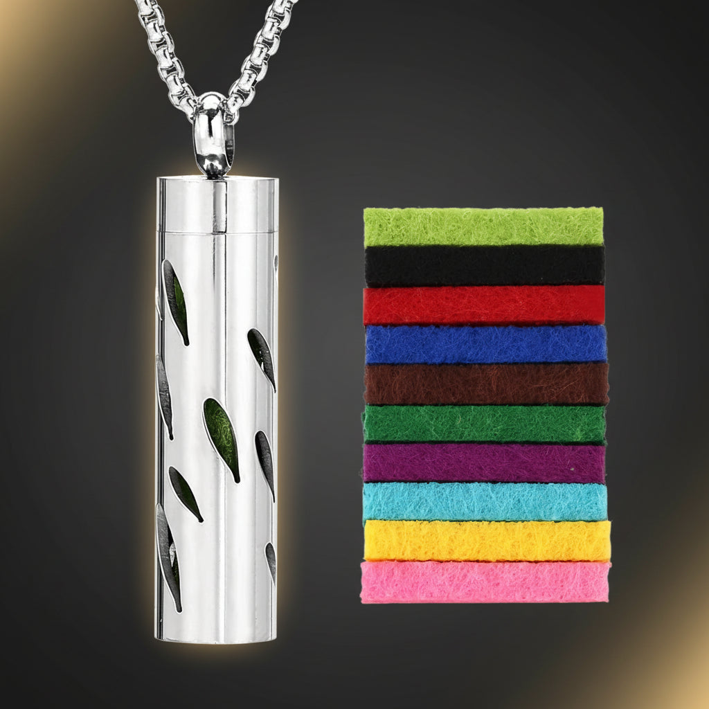 Silver cylindrical pendant with a chain and colorful felt strips on a white background