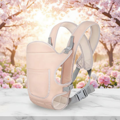Beige baby carrier with gray straps on a white background