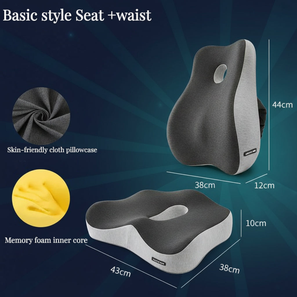 Memory foam seat and waist cushion with dimensions and features highlighted