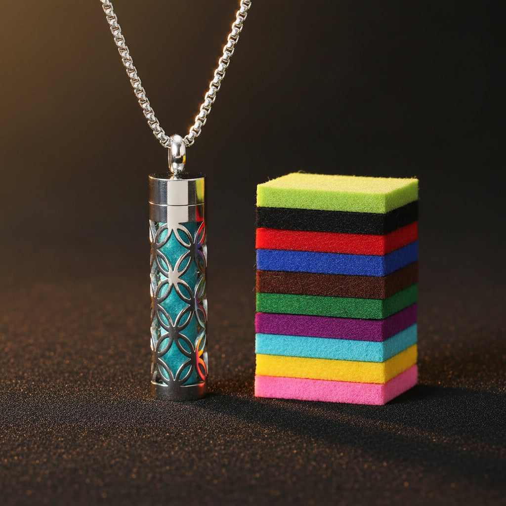 Silver necklace with a cylindrical pendant and a colorful striped fabric on a white background