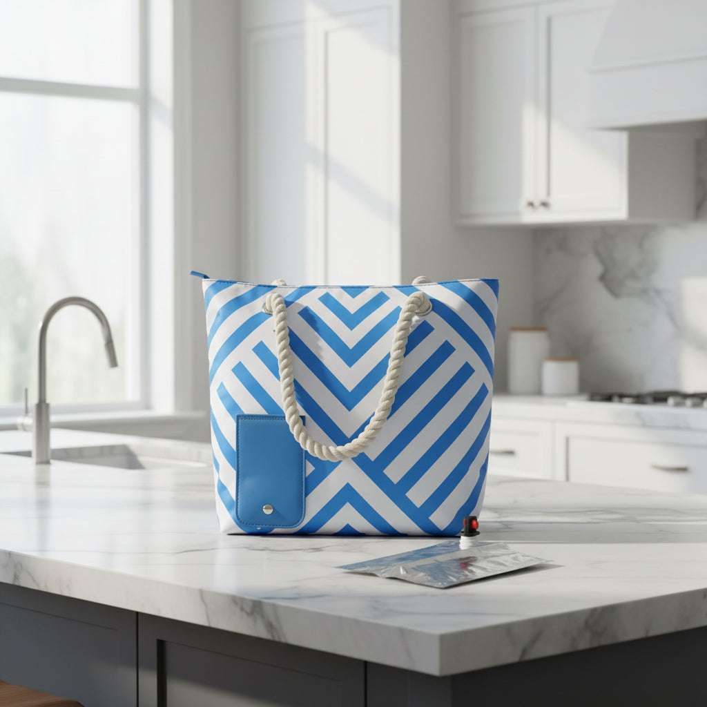 Blue and white striped pouch with a blue flap and a clear pouch with a black zipper on a white background.
