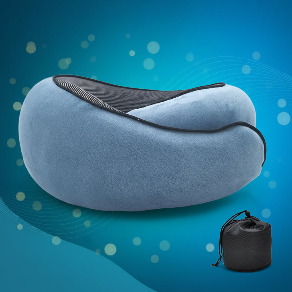 Blue travel pillow with black trim on a white background