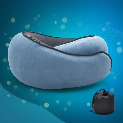 Blue travel pillow with black trim on a white background