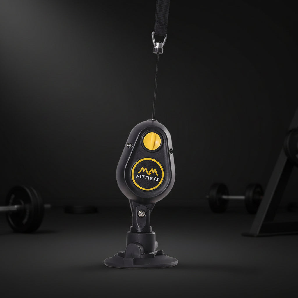 Black and yellow MM Fitness device on a white background