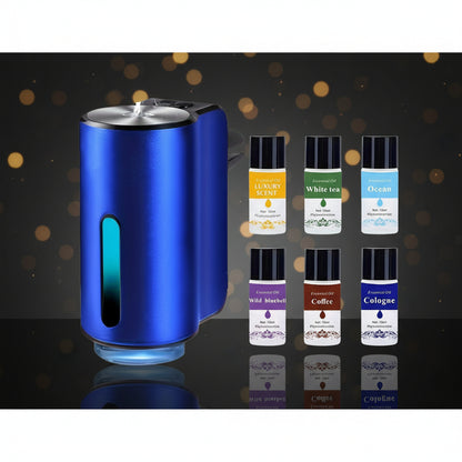 Blue diffuser with six essential oil bottles on a white background