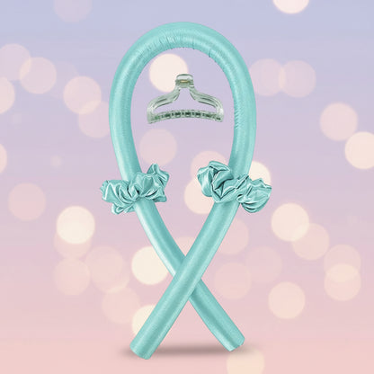 Turquoise hair ties with ruched ends and a silver clip on a white background