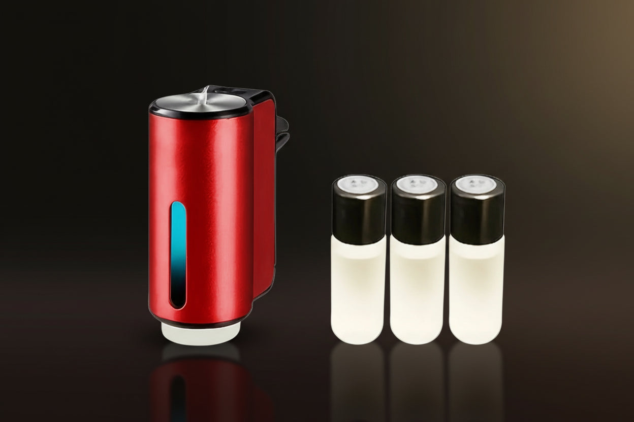 Red pepper grinder with three clear pepper shakers on a white background