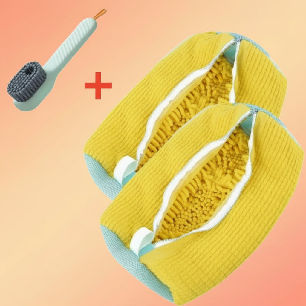 Yellow dog toy with a brush on a white background