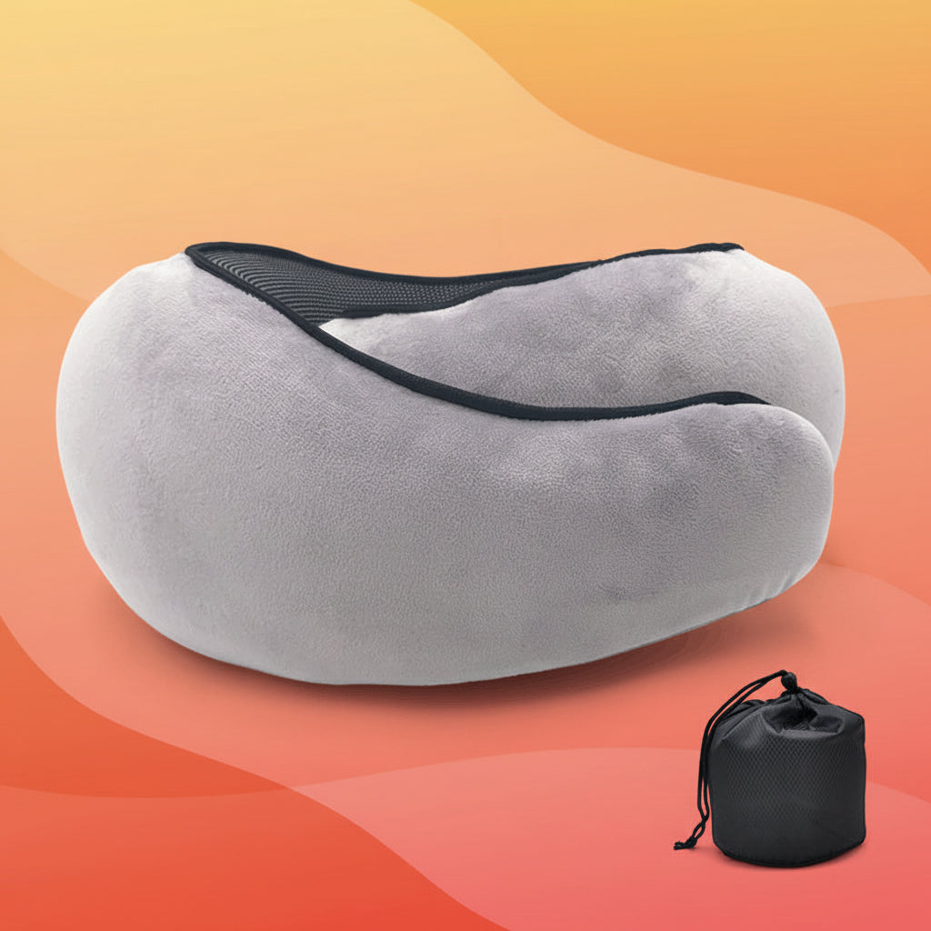 Gray travel pillow with black accents on a white background