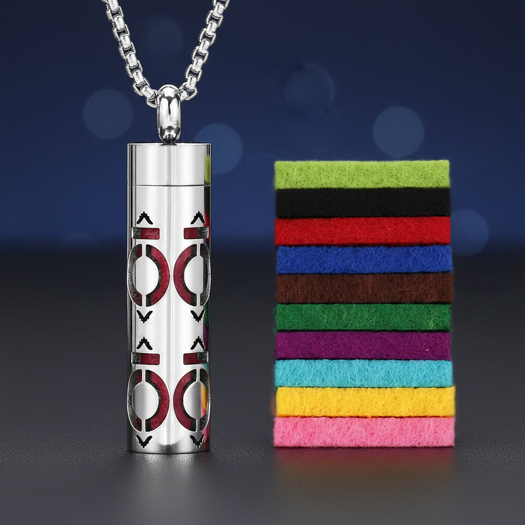 Silver cylindrical pendant with decorative patterns on a white background, next to colorful felt strips.