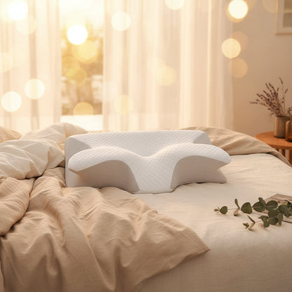 Ergonomic white pillow in bed