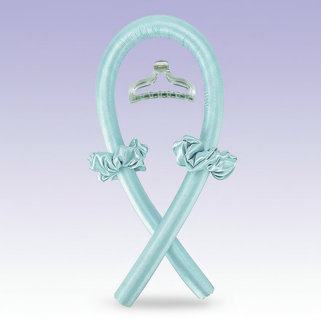 Light blue plastic hangers with ruffled ends on a white background