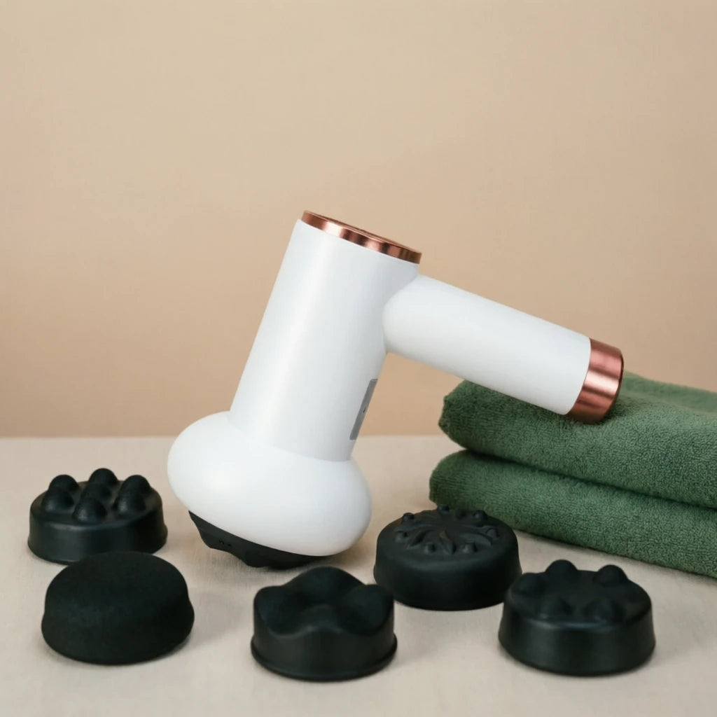 White handheld massager with rose gold accents on a beige surface with black attachments and green towels.