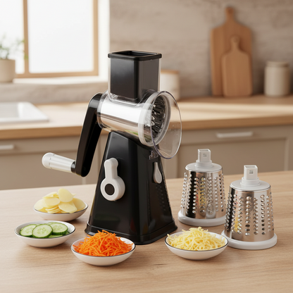 Black manual vegetable grater with three different attachments and grated vegetables displayed.