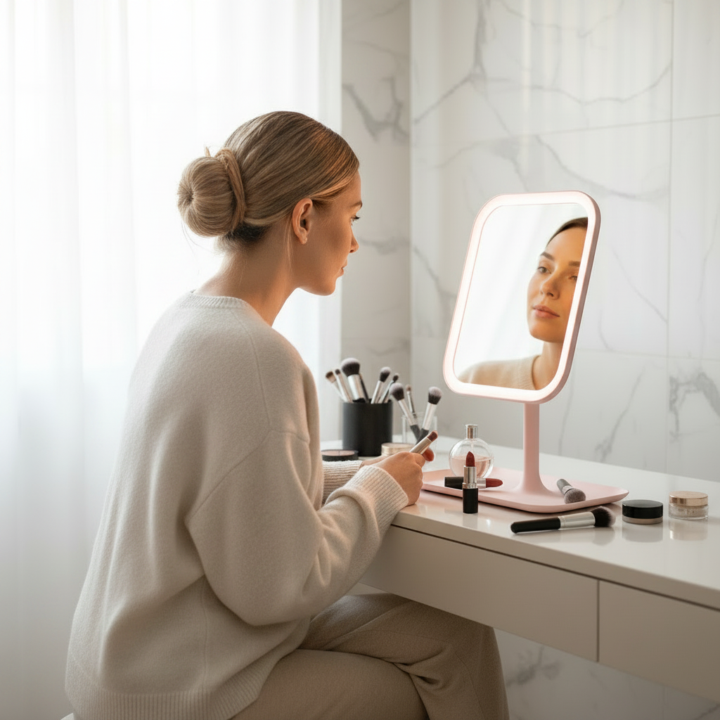 Woman using a lighted makeup mirror in a bathroom setting.