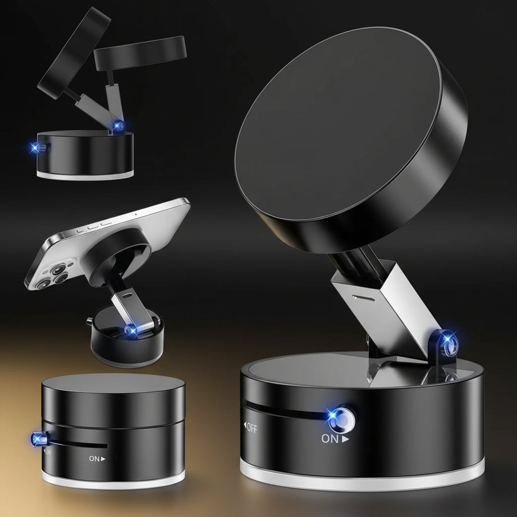 Black adjustable phone stand with multiple angles on a white background