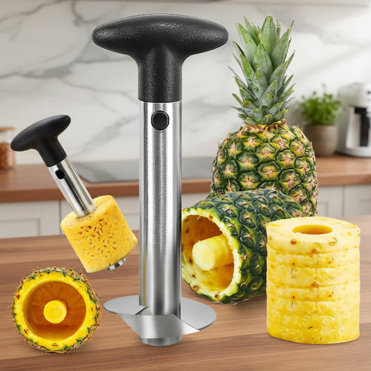 Pineapple peeler with a pineapple and slices on a white background