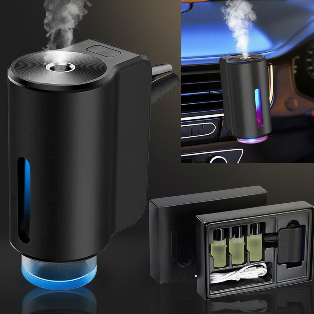 Black car humidifier with packaging and close-up of usage inside a vehicle.
