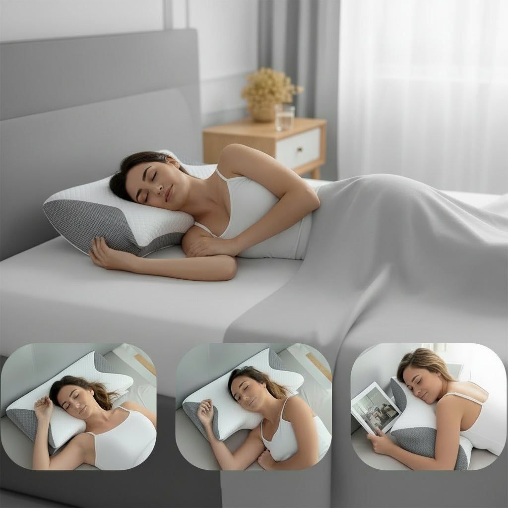Cushion with a star design on a white background, surrounded by smaller images of people using the cushion.