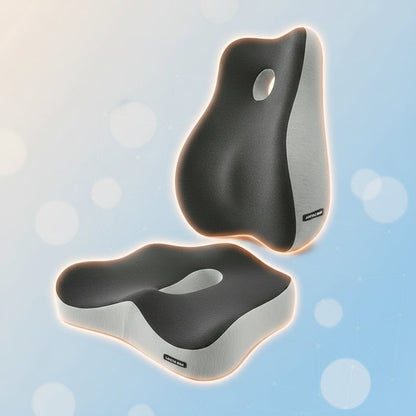 Two gray ergonomic seat cushions on a white background