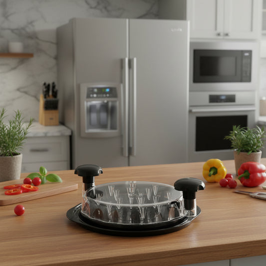 Black waffle maker with a clear lid on a white background