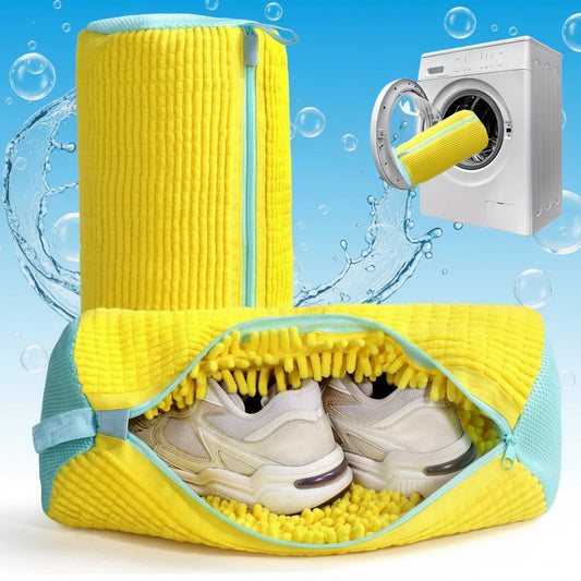 Yellow shoe storage bag with a smaller inset showing a shoe being placed into a washing machine.