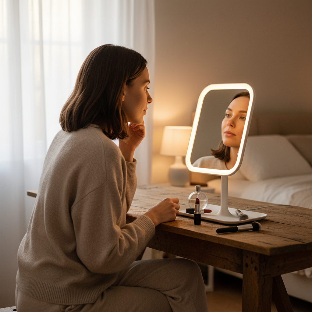 Makeup mirror with lighted edge, tray, and makeup items on a white background