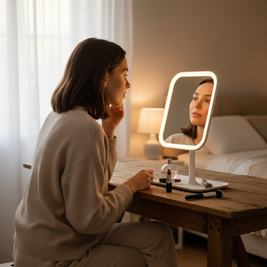 Makeup mirror with lighted edge, tray, and makeup items on a white background