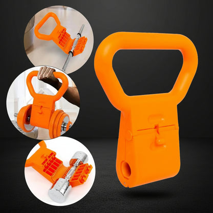 Orange cable machine attachment with close-up insets on a grey background
