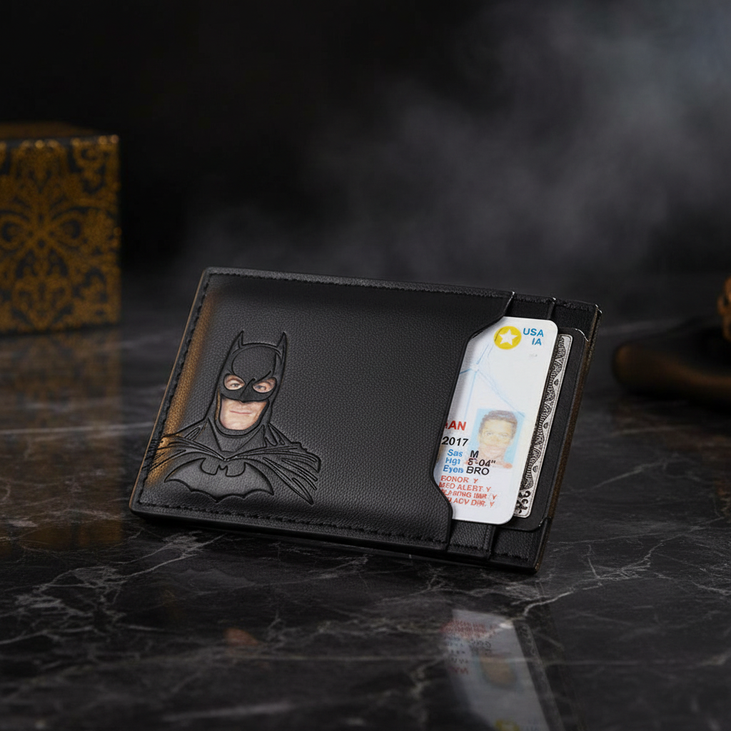 Black wallet with Batman design on a white background