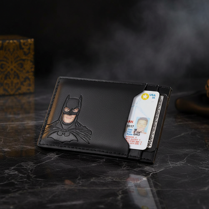 Black wallet with Batman design on a white background