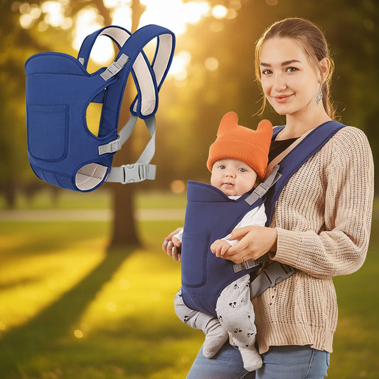 Woman using a blue baby carrier with a baby, surrounded by color swatches and a diagram.