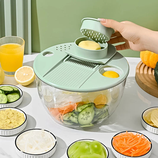 Vegetable chopper with sliced vegetables on a table